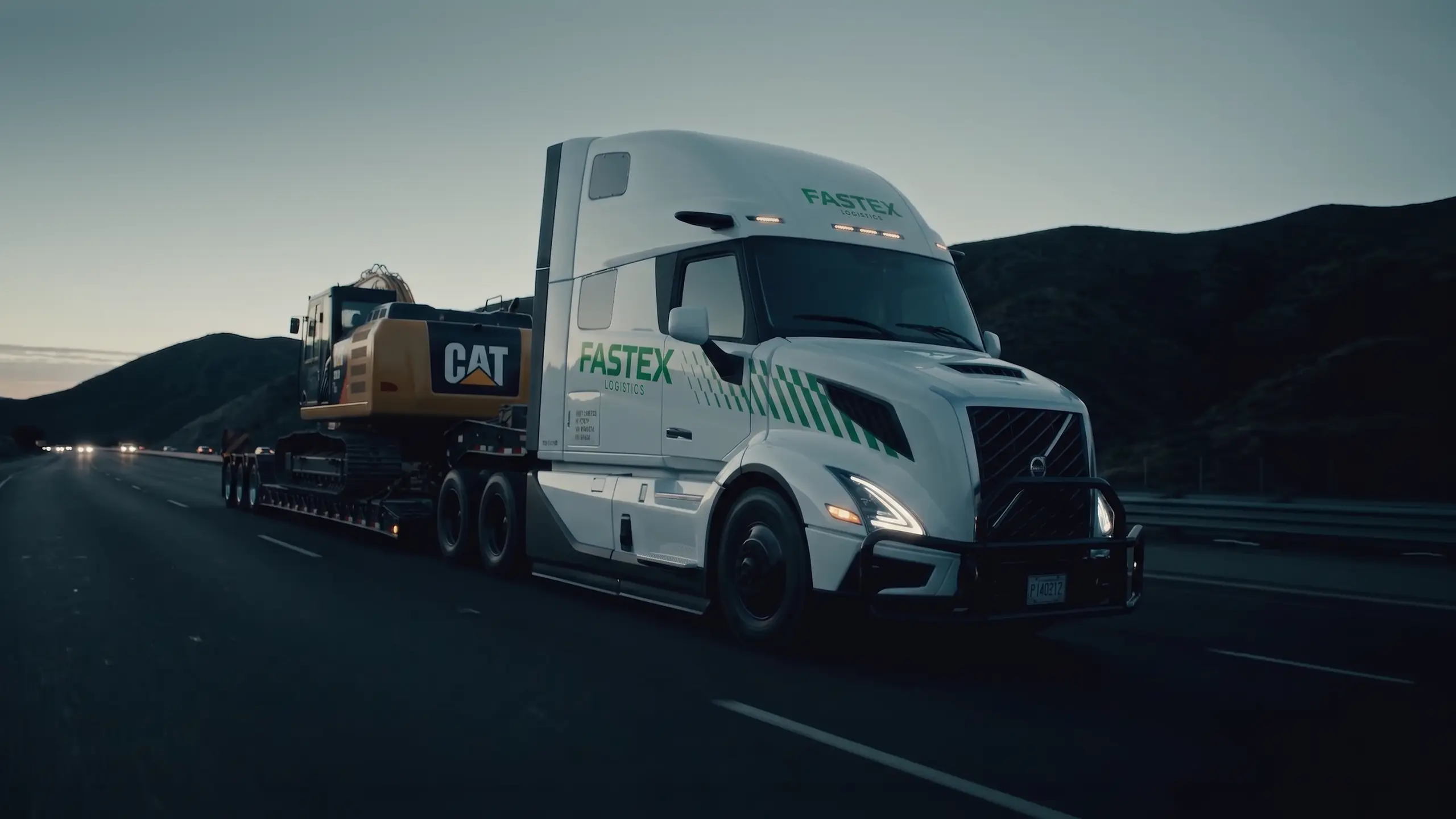 Fastex Logistics flatbed hauling a CAT excavator on the highway